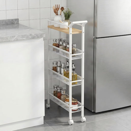4 Tier Slim Rolling Storage Cart, 5.1 Inch Wide Narrow Storage Cart with Handle, Iron Wood Utility Slide Out Pantry Shelf Organizer for Laundry Room, Bathroom, Kitchen, Small Spaces,White