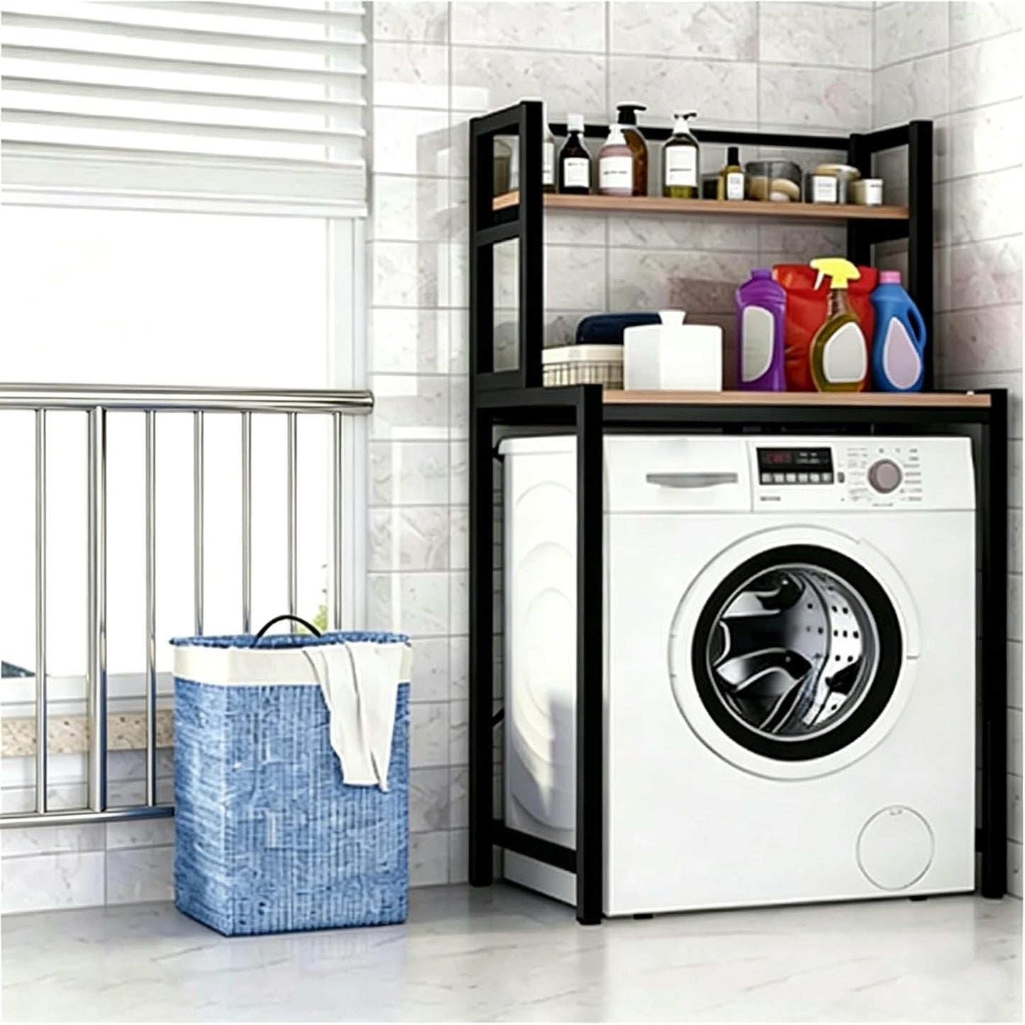 Laundry Room Space Saver Shelf, Over The Washer Dryer 2-Tier Storage Rack with Wood Top, Heavy-Duty Metal Frame Washing Machine Organizer Stand, Organization Unit for Bathroom, Balcony, Utility(Black)