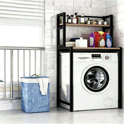 Laundry Room Space Saver Shelf, Over The Washer Dryer 2-Tier Storage Rack with Wood Top, Heavy-Duty Metal Frame Washing Machine Organizer Stand, Organization Unit for Bathroom, Balcony, Utility(Black)