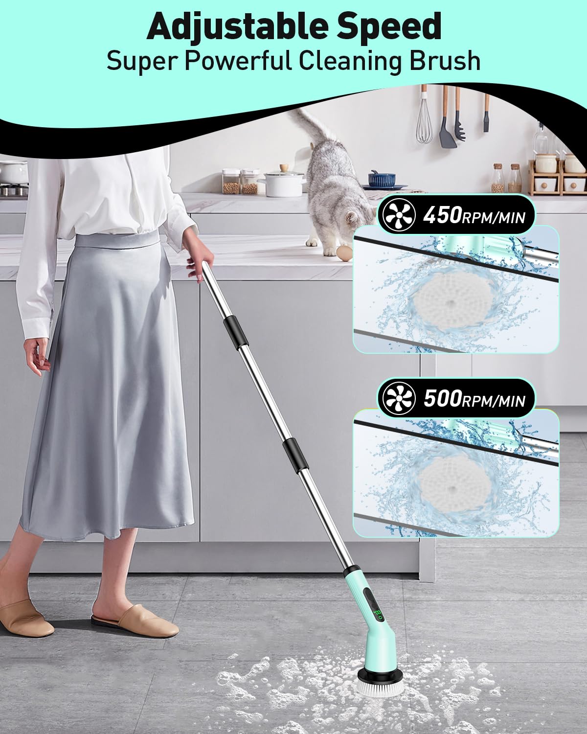 Shower Scrubber with Long Handle, Shower Cleaner Brush with 8 Floor Machine Pads, Cordless Electric Spin Scrubber for Cleaning with 2 Speed, Cleaning Supplies for Bathroom Bathtub Kitchen Floor Tile