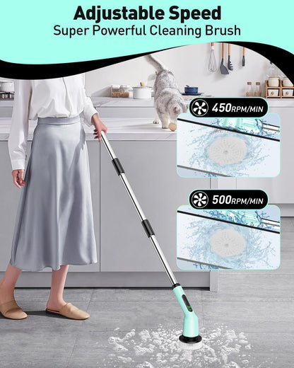 Shower Scrubber with Long Handle, Shower Cleaner Brush with 8 Floor Machine Pads, Cordless Electric Spin Scrubber for Cleaning with 2 Speed, Cleaning Supplies for Bathroom Bathtub Kitchen Floor Tile