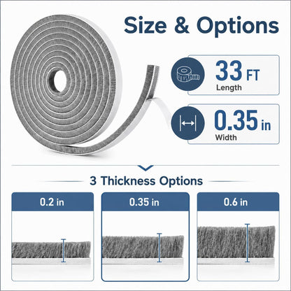 Self-Adhesive Door Draft Stopper & Weather Stripping Door Seal – Gray, 33 Ft x 0.35" Wide x 0.35" Thick Foam Seal Strip – Draft Blocker, Noise Reduction, Insulation