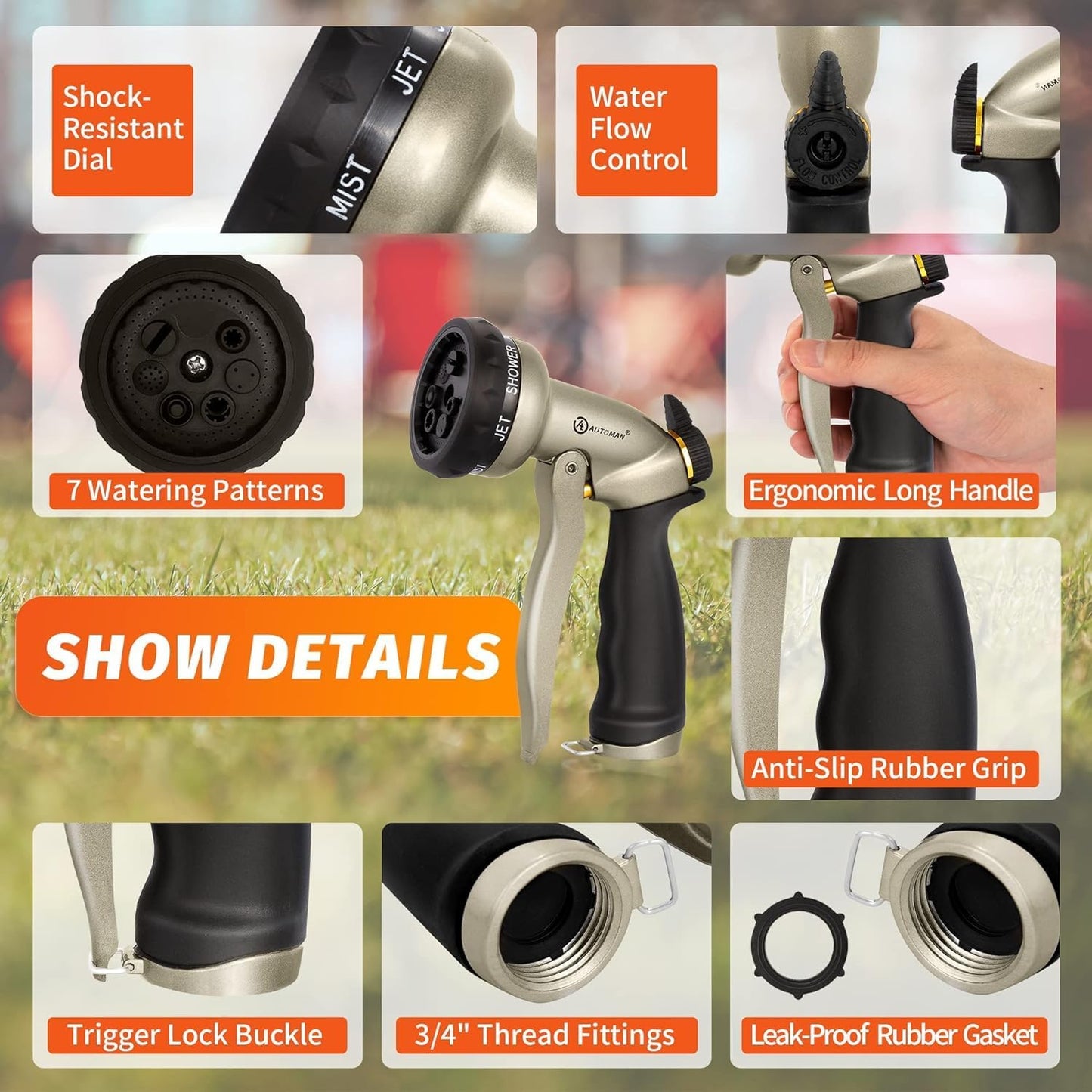 AUTOMAN Garden Hose Nozzle - 2 Pack, 100% Metal High Pressure Spray Nozzle, Labor-Saving Design, Heavy Duty for Garden Watering, Car Washing, Window Cleaning, Pets Bathing
