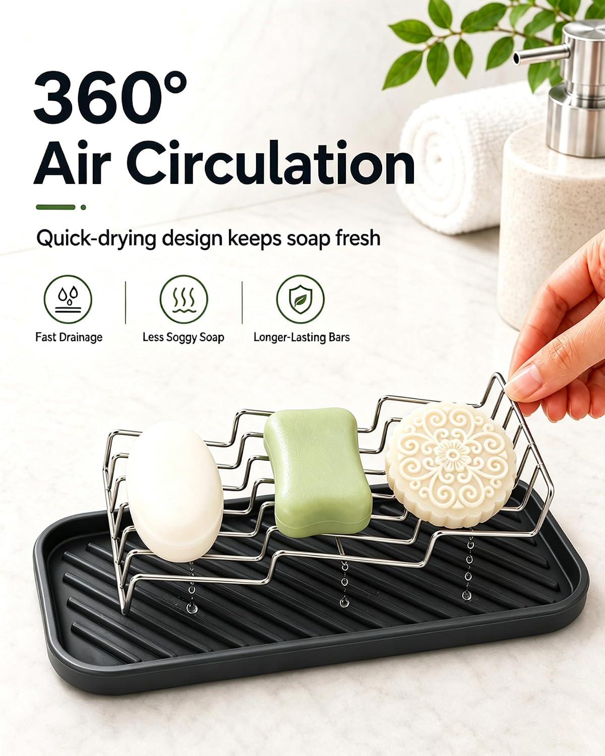 OZNER 304 Stainless Steel 3 Bar Soap Holder, Self Draining Soap Dish for Shower, Shampoo Bar Holder with Detachable Silicone Tray, Rust Proof Soap Saver for Bathroom Sink & Kitchen