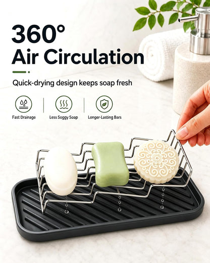OZNER 304 Stainless Steel 3 Bar Soap Holder, Self Draining Soap Dish for Shower, Shampoo Bar Holder with Detachable Silicone Tray, Rust Proof Soap Saver for Bathroom Sink & Kitchen