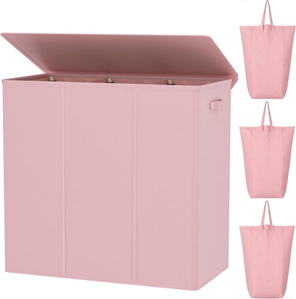 WOWLIVE 180L Laundry Hamper with Lid 3 Section,Large Laundry Basket with Removable Bags and Handles,Collapsible Dirty Clothes Hampers for Laundry,Laundry Basket Organizer for Laundry Room,Dorm,Beige