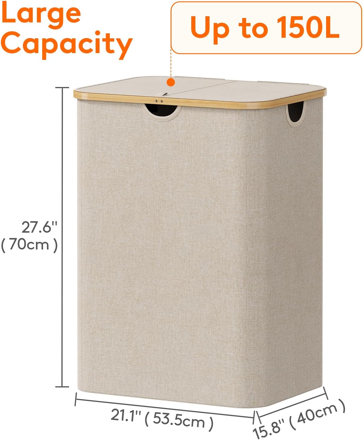 Lifewit 120L Laundry Basket with Lid, Clothes Hampers for Laundry with Bamboo Handles and 2 Removable Bag, Large Foldable Laundry Hamper for Bedroom, Bathroom, Dorm, Laundry Room, Beige