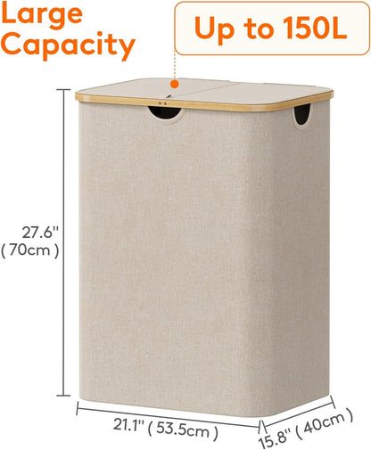 Lifewit 120L Laundry Basket with Lid, Clothes Hampers for Laundry with Bamboo Handles and 2 Removable Bag, Large Foldable Laundry Hamper for Bedroom, Bathroom, Dorm, Laundry Room, Beige