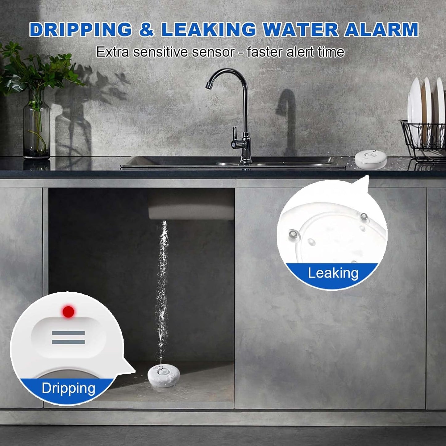 WiFi Water Leak Detectors 5 Pack, 120dB Adjustable Loud Water Leak Sensor, Wireless Wi-Fi Water Leak & Drip Alarm, App Alerts, 5 Water Alarm Sensors & 1 Hub for Home Kitchen, Bathroom, Sink, Laundry