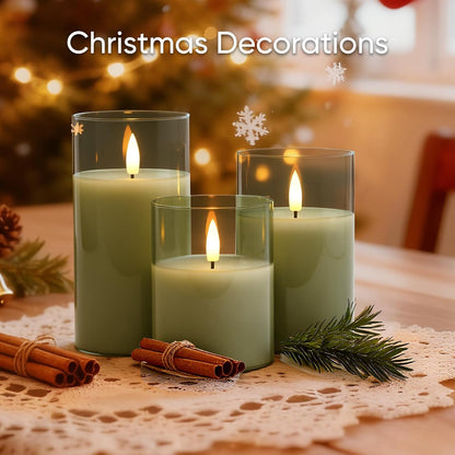 5plots Glass Battery Operated White Flameless Candles with Remote Timer, 3D Wick Real Wax Pillar Led Candles Warm Flickering Light for Indoor Home, Halloween, Christmas Decor, Set of 3, D3 x H4 5" 6"