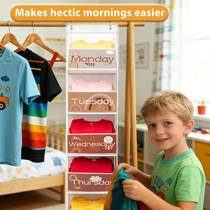2 Pack Weekly Clothes Organizer for Kids, 6 Shelf Hanging Closet Organizer with Clear Window, Foldable Days of the Week Over the Door Outfit Organizer with Labels for Closet School