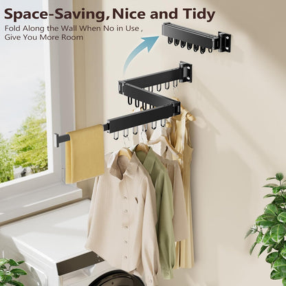 JAUREE Clothes Drying Rack Wall Mounted, Space-Saving Drying Rack Clothing, Collapsible Foldable Retractable Laundry Rack with 18 Hooks, Indoor/Outdoor, White