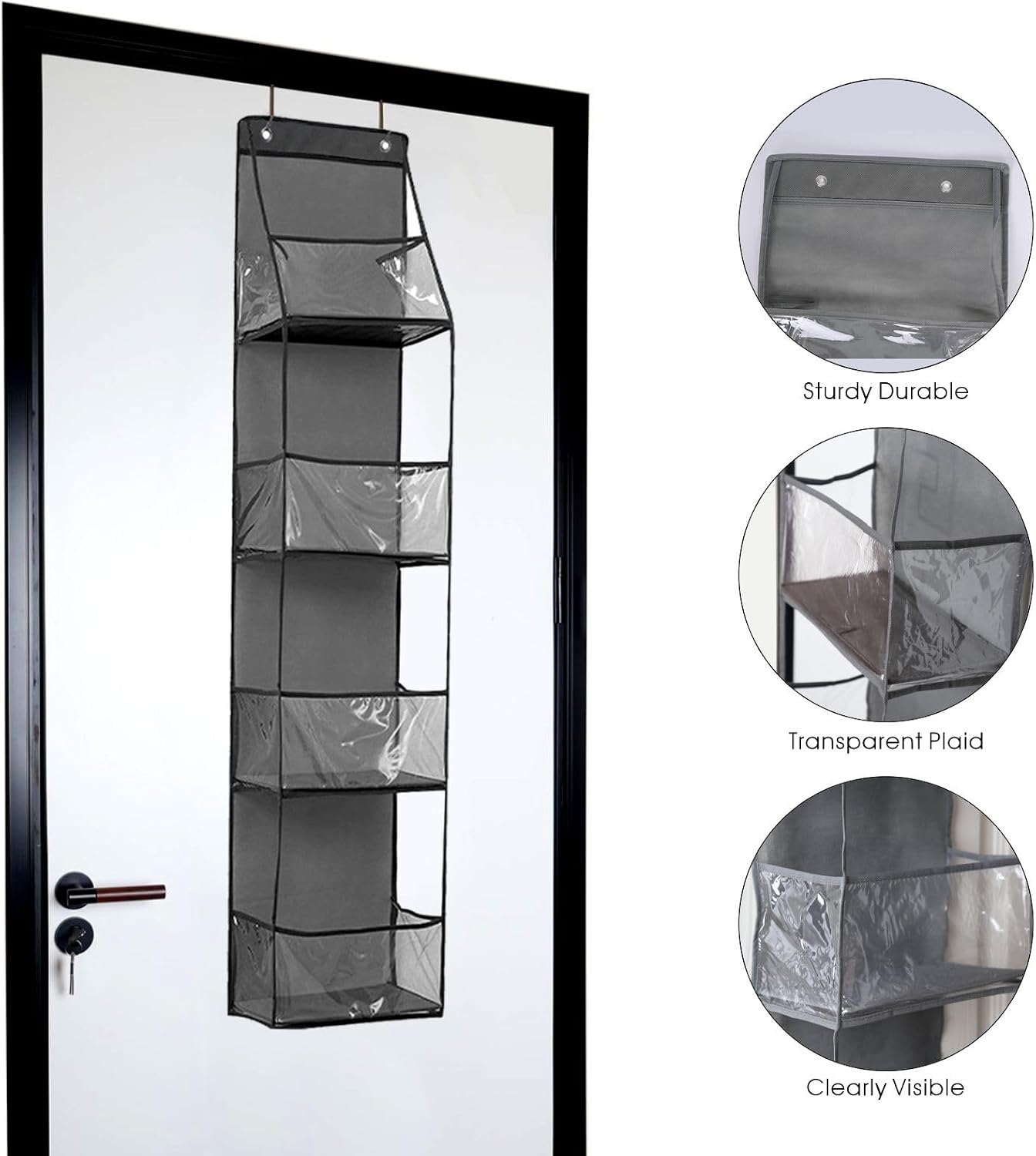4-Shelf Over The Door Hanging Pantry Organizer, Behind The Door Storage Organizer, with Clear Plastic Pockets, for Bedrooms, Closets, Bathrooms, Small Apartments, College Dorms (Grey)
