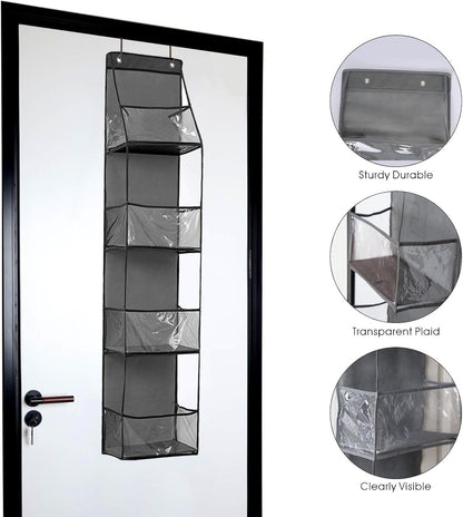 4-Shelf Over The Door Hanging Pantry Organizer, Behind The Door Storage Organizer, with Clear Plastic Pockets, for Bedrooms, Closets, Bathrooms, Small Apartments, College Dorms (Grey)