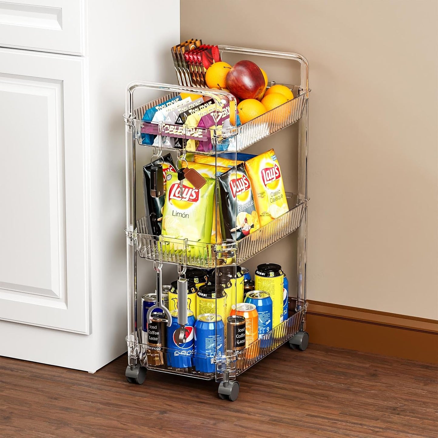 Yieach 3 Tier Rolling Cart with Wheels,Clear Narrow Bathroom Rack Organizer,Slim Storage Cart,Three Tier Thin Shelf and Narrow Rolling Utility Cart for Small Space Shelf,Dorm Room,Kitchen,Laundry