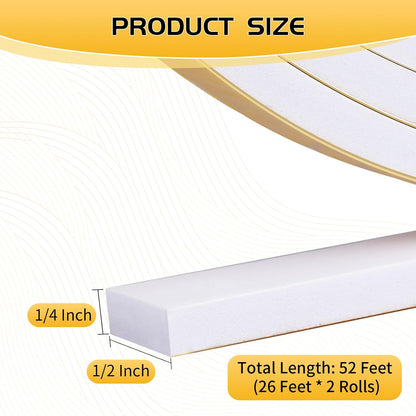 26Ft Weather Stripping Door Seal - 1/2" x 1/4" Door Seal Strip for Door Frame, High Density Foam Insulation Tape, Self Adhesive, Soundproof Gap Filler for Doors, Windows, Sliding & AC Units, White