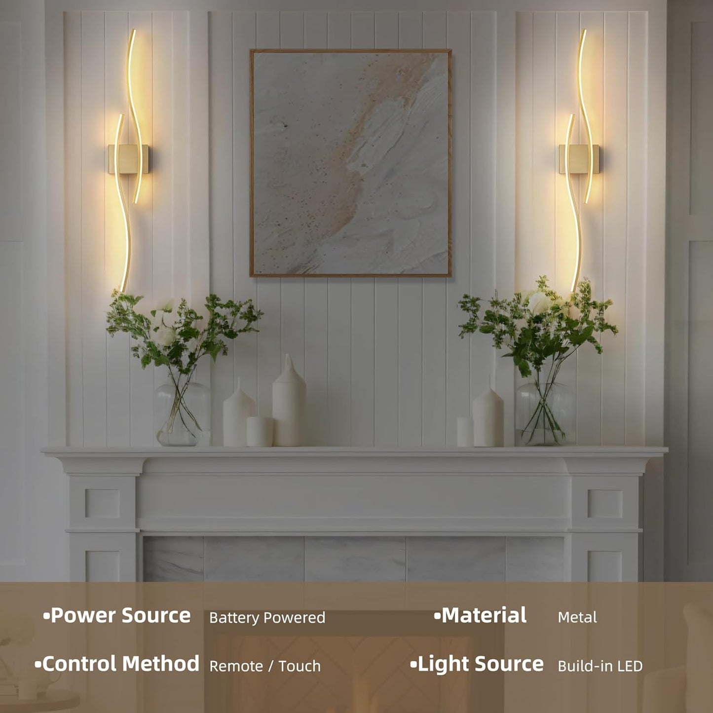 Battery Operated Wall Sconce Set of 2, Dimmable Modern LED Wireless Wall Light with Remote Control, Sconce Wall Decor for Living Room, Hallway, Quick Install, No Electrician Required