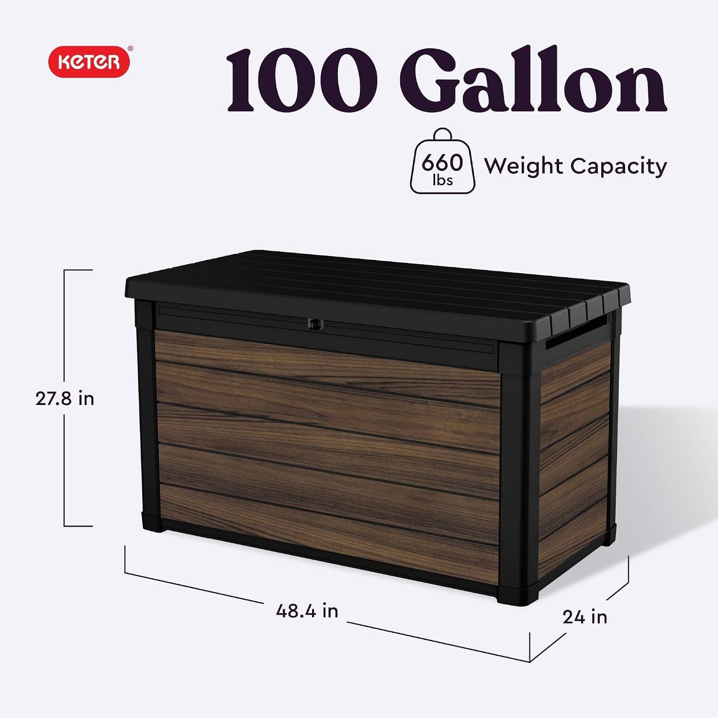 Keter Signature Everwood 30 Gallon Resin Outdoor Storage Box and Patio Furniture Side Table for Pool and Garden Accessories, Walnut