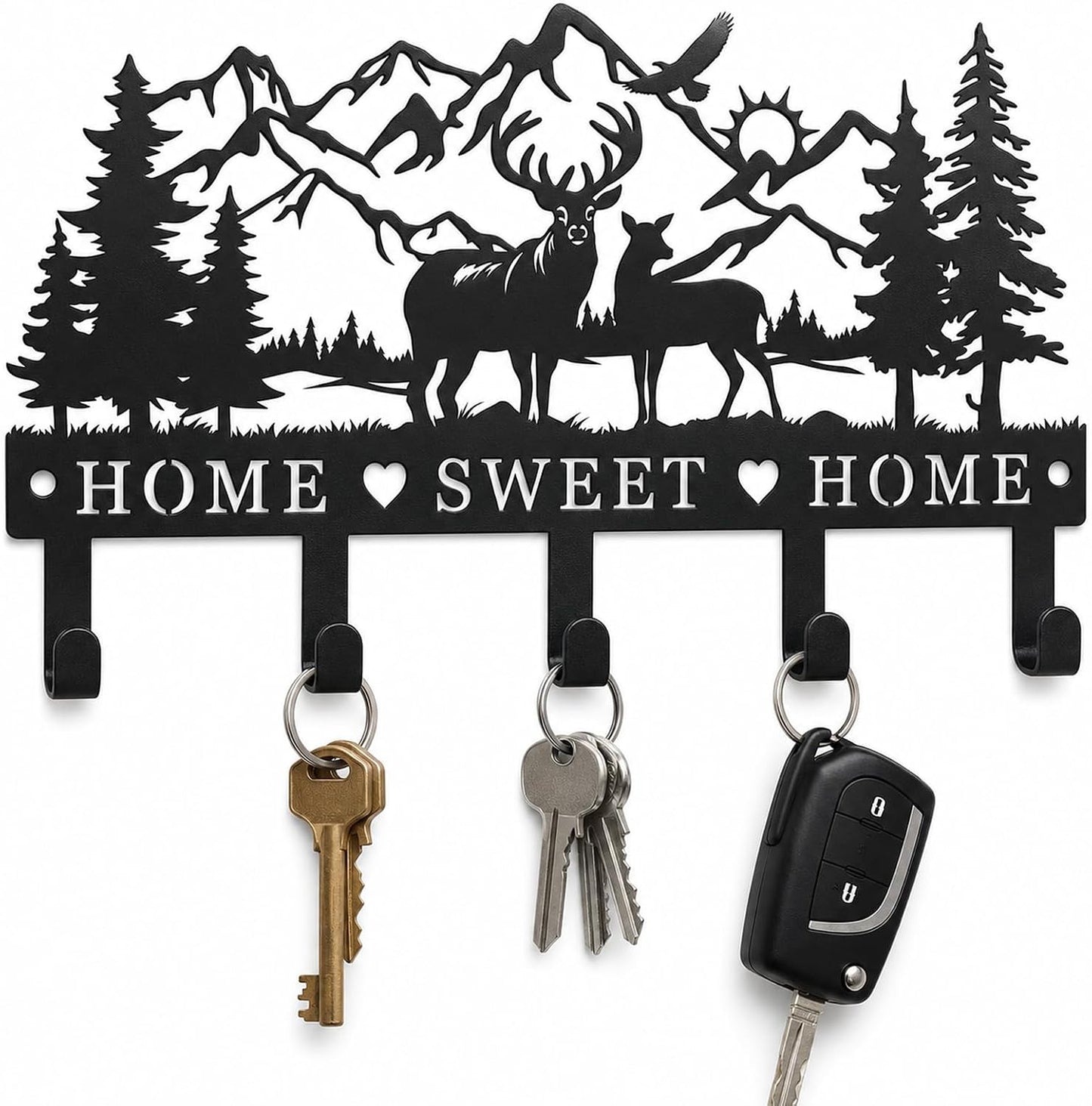 Deer Mountain Metal Key Holder Wall Mount Key Holder for Wall Rustic Cabin Decor Key Rack Hooks Hanger Woodland Wildlife Wall Art Entryway Organizer Housewarming Hunting Gifts
