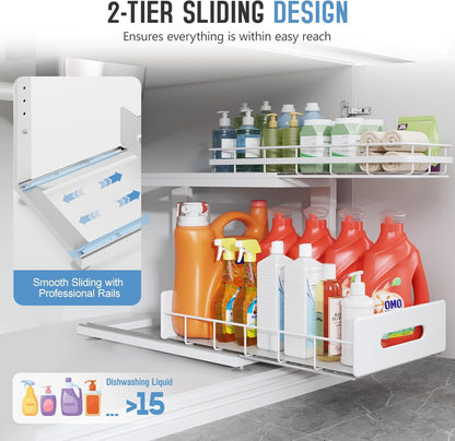 Under Sink Organizer Upgrade To Professional Rails,2-Tier Dual Pull Out Cabinet Storage,Height Adjustable Slide Out Drawers For Bathroom Kitchen,2 Pack-14.5" Dx12.8-16.9" H,White