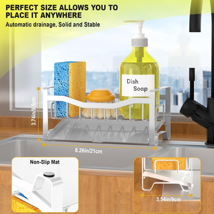 Maifan Stainless Steel Kitchen Sink Caddy Organizer with Auto Drain Tray, Sponge Holder for Countertop Storage