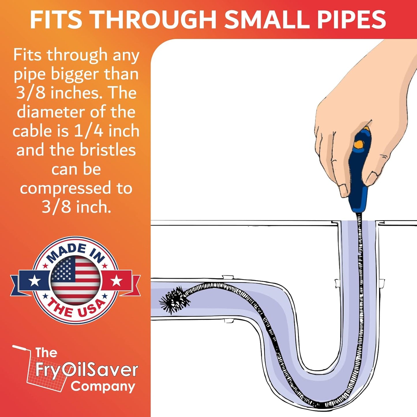 48" Flexible Tube Brush – Long Pipe Snake for Sink - AC Condensate Line Cleaning - Flexible Pipe Cleaner Brush for Hair, Food & Clog Removal - Cleaner Tool – B313C by FryOilSaver Co.