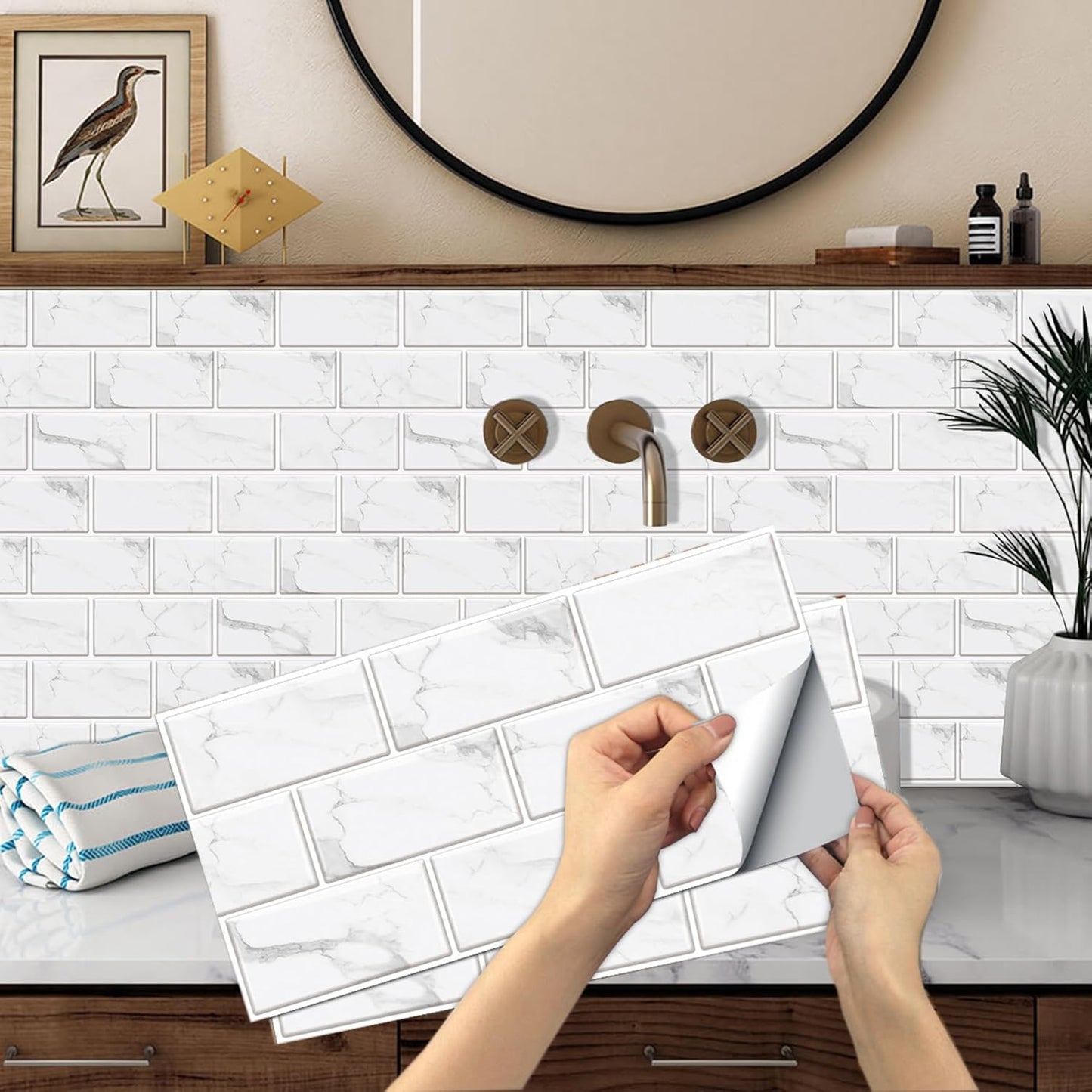 12-Sheet White Peel and Stick Wallpaper, Subway Tile 6''x12'' Self Adhesive Wall Tiles Waterproof PVC Stick on Backsplash Vinyl Decorative Tiles Stickers for Kitchen Bathroom