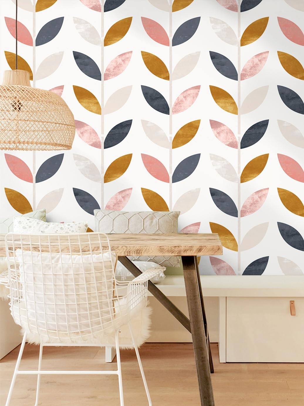 Floralplus Peel and Stick Wallpaper Boho Leaf Removable Wallpaper for Bathroom Renter Leaf Contact Paper for Locker Shelf Liner Vinyl Adhesive Wallpapers Wall Mural Decor 17.5 in x 118 in