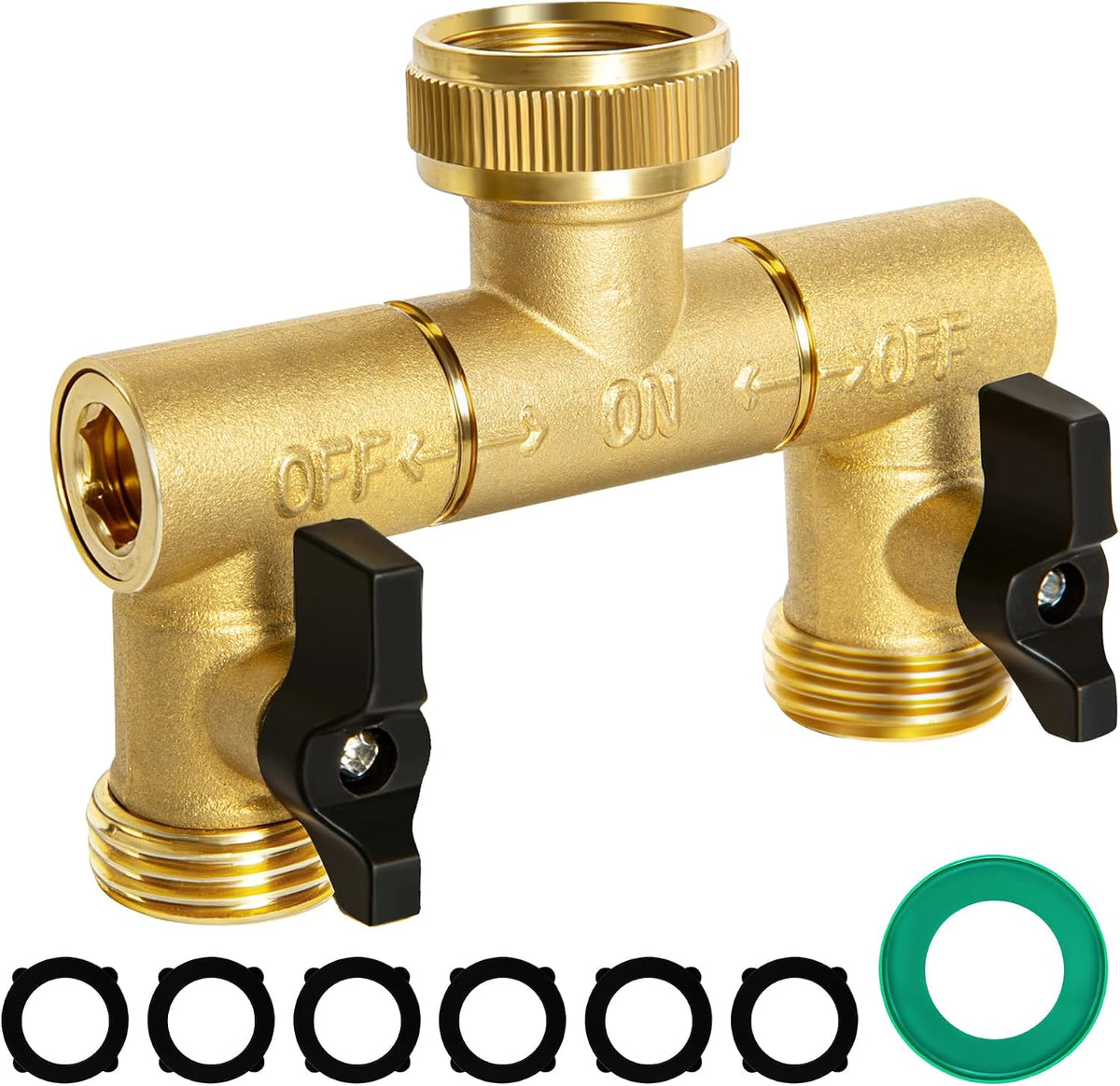 360° Swivel Garden Hose Splitter 2 Way, Solid Brass Water Hose Splitter with Dual Shutoff Valves, 3/4" GHT Thread Leak-Proof Hose Connector for Outdoor Faucet Lawn, Irrigation & Washing