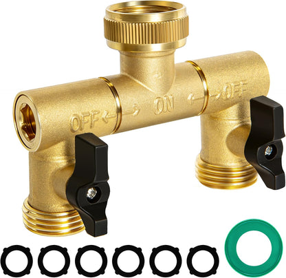 360° Swivel Garden Hose Splitter 2 Way, Solid Brass Water Hose Splitter with Dual Shutoff Valves, 3/4" GHT Thread Leak-Proof Hose Connector for Outdoor Faucet Lawn, Irrigation & Washing