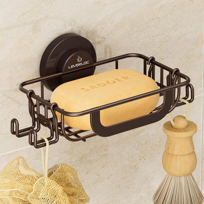 LEVERLOC Bar Soap Holder for Shower with Hooks, Suction Cup Soap Dish Rustproof Stainless Steel for Bathroom Accessories, Sponge Saver Black