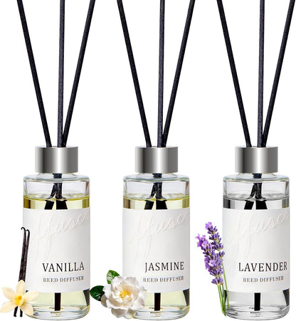 Reed Diffuser Set of 3, Jasmine, Lavender & Vanilla Scented Oil Diffusers with 15 Reeds, Long-Lasting Home Fragrance for Bedroom & Bathroom Decor, 1.7 fl oz Each, Total 5.1 oz
