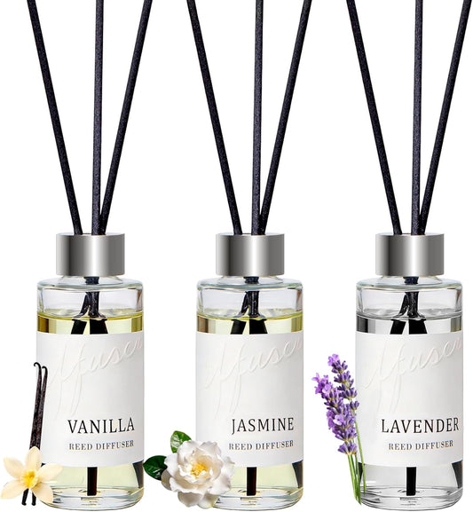 Reed Diffuser Set of 3, Jasmine, Lavender & Vanilla Scented Oil Diffusers with 15 Reeds, Long-Lasting Home Fragrance for Bedroom & Bathroom Decor, 1.7 fl oz Each, Total 5.1 oz