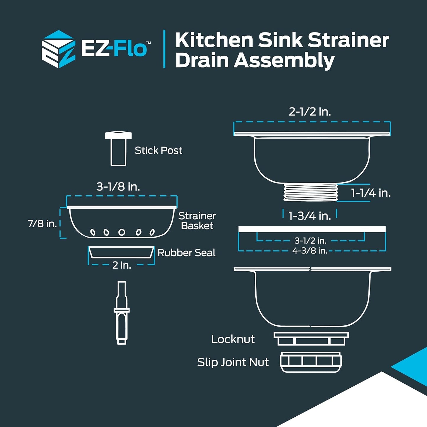 EZ-FLO Double Cup Kitchen Sink Drain Assembly, Sink Strainer fits 3-1/2 inch to 4 inch Opening, 1-7/8 inch Extended Shank, Stainless Steel, 30019