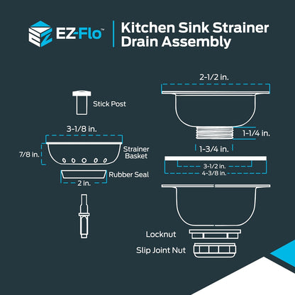 EZ-FLO Double Cup Kitchen Sink Drain Assembly, Sink Strainer fits 3-1/2 inch to 4 inch Opening, 1-7/8 inch Extended Shank, Stainless Steel, 30019