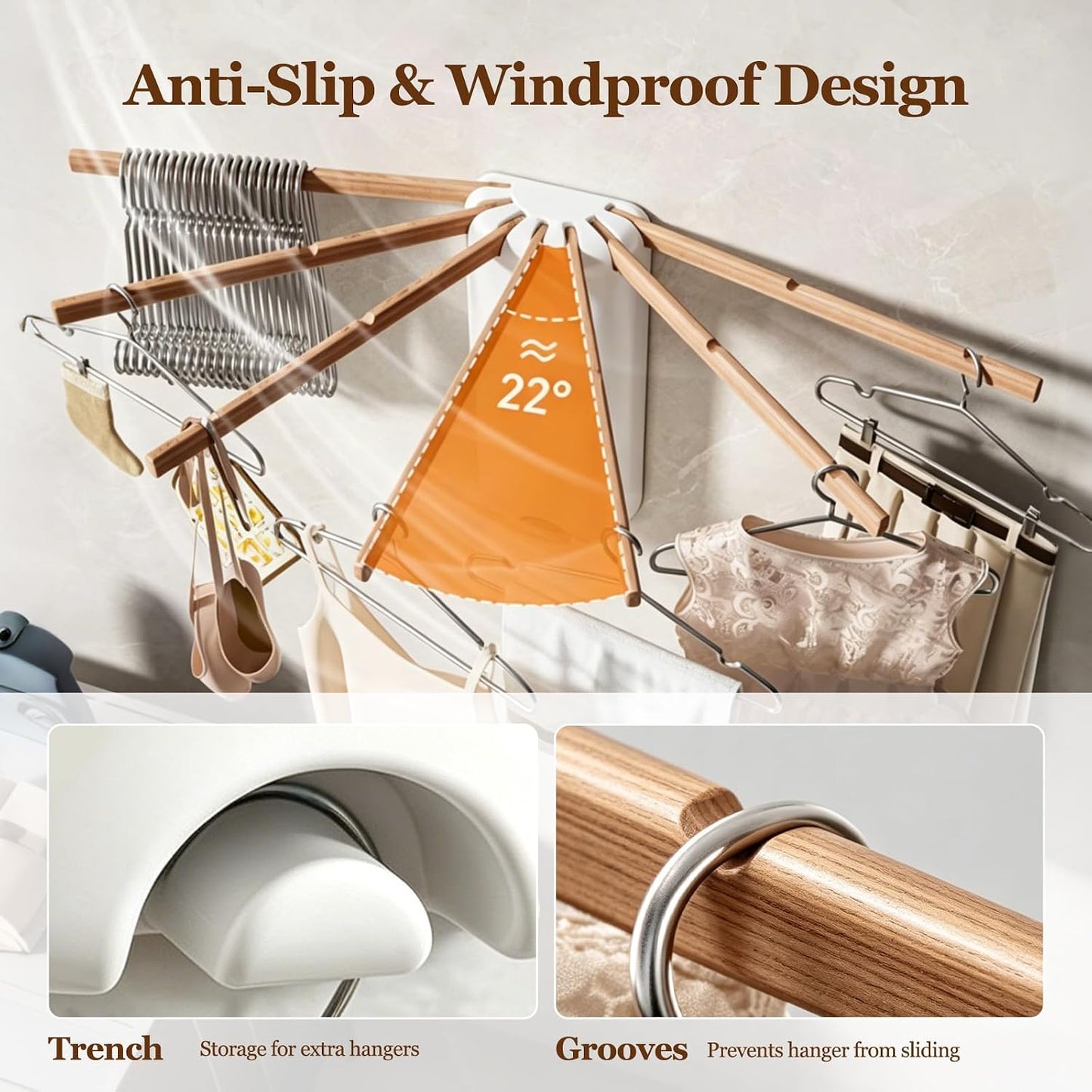 Foldable Tripod Clothes Drying Rack, Portable Space Saving Laundry Drying Rack, Sturdy Beech Wood Garment Dryer Hanger for Indoor Outdoor Balcony (Wall -Mounted Drying Rack)