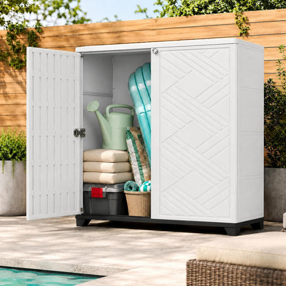 ADDOK Outdoor Storage Cabinet,60 Gallon Waterproof Resin Patio Storage Cabinet with 1 Adjustable Metal Shelf, Upright Outdoor Cabinet for Garden Tools, Pool Supplies, Toys, Porch and Garage