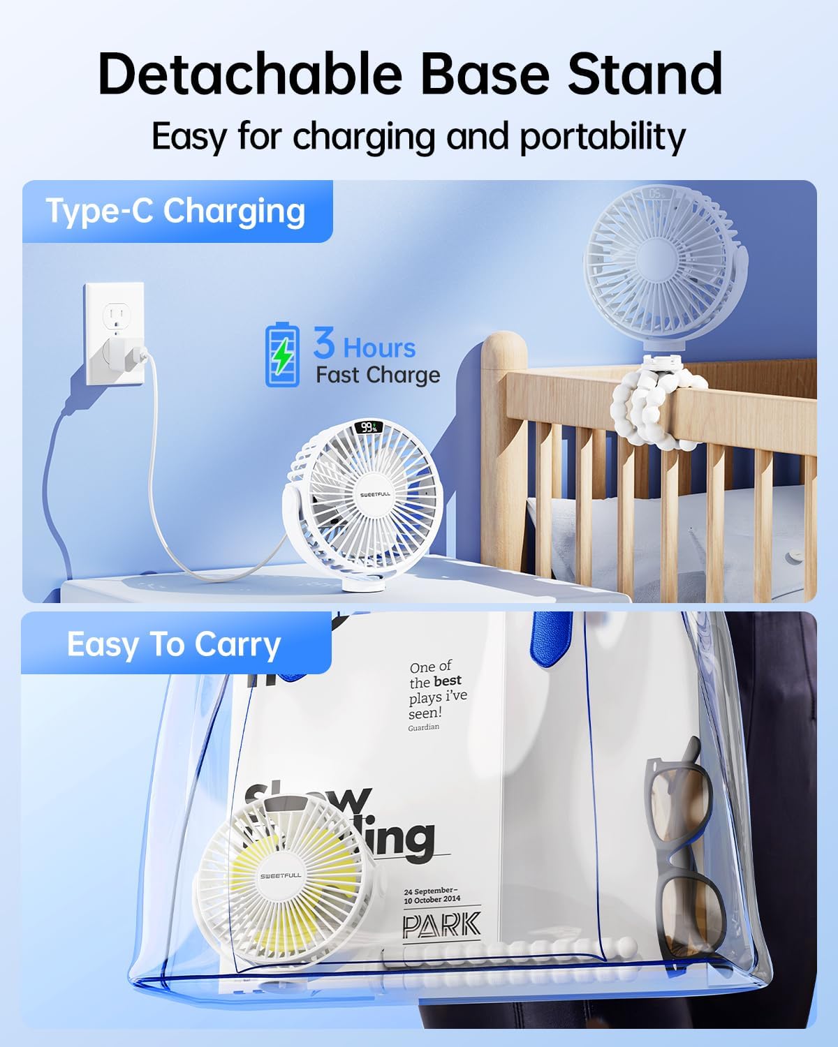SWEETFULL [2026 Upgrade Portable Stroller Fan with LED Display, 4 Speed Rechargeable Mini Clip On Fan, 360° Rotate Flexible Tripod Better Cooling Small Baby Fan for Car Seat Crib Travel Treadmill
