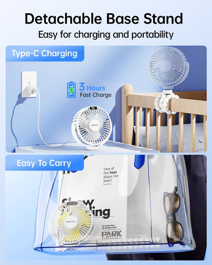 SWEETFULL [2026 Upgrade Portable Stroller Fan with LED Display, 4 Speed Rechargeable Mini Clip On Fan, 360° Rotate Flexible Tripod Better Cooling Small Baby Fan for Car Seat Crib Travel Treadmill