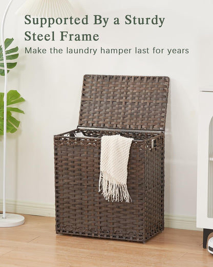SETVSON Laundry Hamper with Lid Laundry Basket 132 L (35 Gal) Wicker Clothes Hamper, Handwoven Rattan Hamper with Handles and 4 Removable Liner Bags, 6 Mesh Bags for Laundry Bedroom Natural