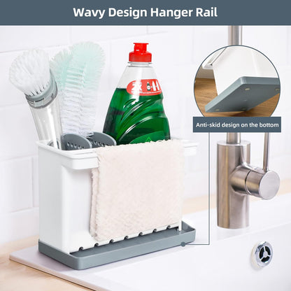 JOMOLA Kitchen Sink Organizer Dish Brush Sponge Holder Caddy Toothbrush Holders for Bathrooms Sinkware Kitchen Utensil Holder Sink Caddy Organizer with 4 Separate Dividers Removable Drain Tray (Grey)