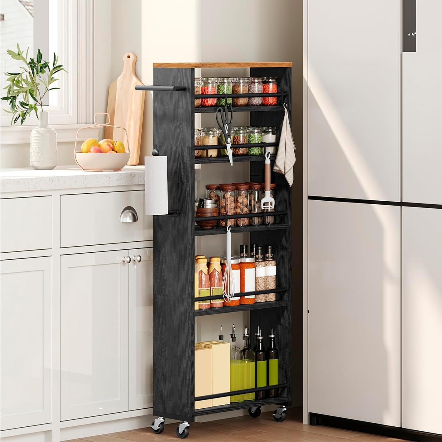 YATINEY 6 Tier Slim Storage Cart, Rolling Utility Cart with 360° Lockable Casters, Handle and 6 Hooks, Space Saving Organizer for Kitchen, Bathroom, Laundry Room, White BC11WN