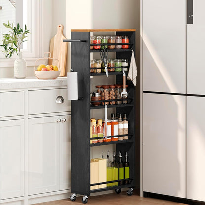 YATINEY 6 Tier Slim Storage Cart, Rolling Utility Cart with 360° Lockable Casters, Handle and 6 Hooks, Space Saving Organizer for Kitchen, Bathroom, Laundry Room, White BC11WN