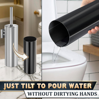 Black Toilet Brush and Holder Set - Slim Matte Design that Fits Anywhere - Stainless Steel Toilet Bowl Brush and Holder with 2 Rounded Corners, Replaceable Head, Removable Inner Bowl & Splash Guard