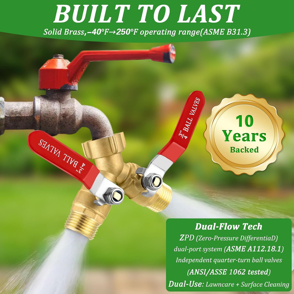 2 Way Garden Hose Splitter, Heavy Duty Brass Y Valve, 3/4” GHT Outdoor Faucet Splitter with Dual Shut Off Valves, 304 Stainless Steel Long Handles, Leak-Proof