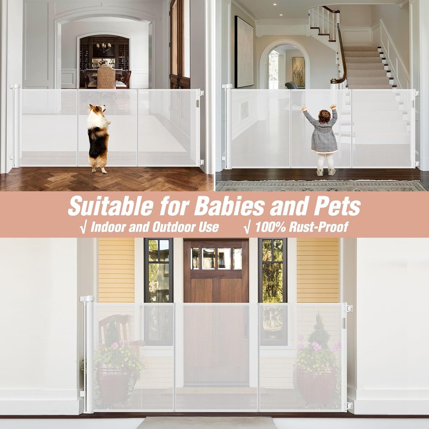 Newly Enhanced - 42" Tall × 120" Extra Wide Retractable Baby Gate Keeps Pets from Getting Under Tall Dog Gate, Indoor/Outdoor Baby Gates for Dogs, Retractable Dog Gate for Large Openings, White
