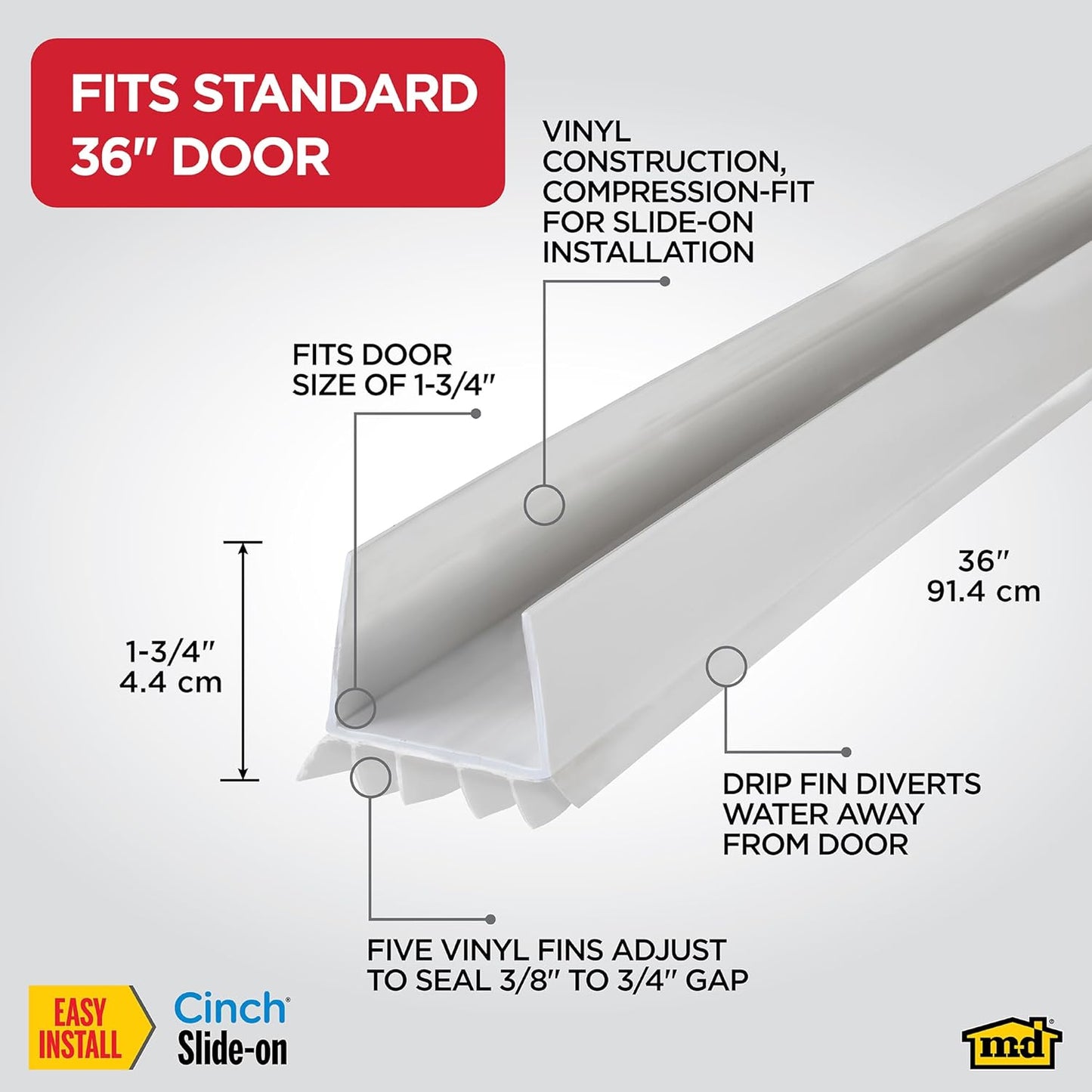 M-D Building Products Vinyl Cinch U-Shape Door Bottom Seal, Slide-On Weatherstripping Draft Stopper, Easy to Install, Fits 36” x 1-3/4” Doors, Fills 3/8”- 3/4” Gaps, 43337, Brown