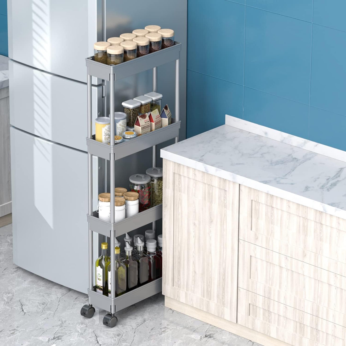 Sooyee 3 Tier Rolling Cart with Wheels, Slim Storage Cart, Under Desk Narrow Rolling Utility Cart Storage Organizer for Office Bathroom Kitchen Laundry Room Narrow Places, White, Plastic and Metal
