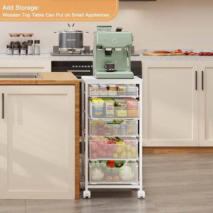 4 Tier Kitchen Rolling Cart, Kitchen Storage Cart with Wheels, Adjust Pantry Organizer and Storage Cart with Drawer, Fruit Vegetable Spice Storage Cart, Wooden Top Metal Kitchen Organizer Rack Stand