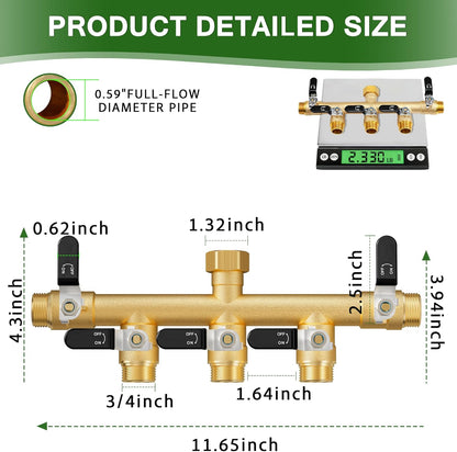 Hose Splitter 2 Way, Heavy Duty Brass Garden Hose Splitter, Water Hose Bib Spigot Splitter with 0.59" Full Flow Ball Valve Outlet & Shut-Off Valve 3/4'' Connector Outdoor Water Faucet Adapter